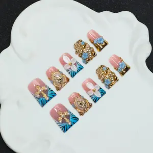 10 square handmade nail tips, Y2K Baddie style, three-dimensional carving, gold beads, relief, cross, hand drawn design, nail art patches, suitable for women's nail stickers, date, daily wear shiny nails, including tool kit, Nail Art Tools