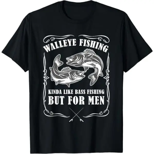 Men's Walleye Fishing Vintage Fish Sketch Graphic Crew Neck Tee - 100 Cotton Clothing, Digital Print, Classic Fit, Unisex Sizes, Outdoor Angler Black Top