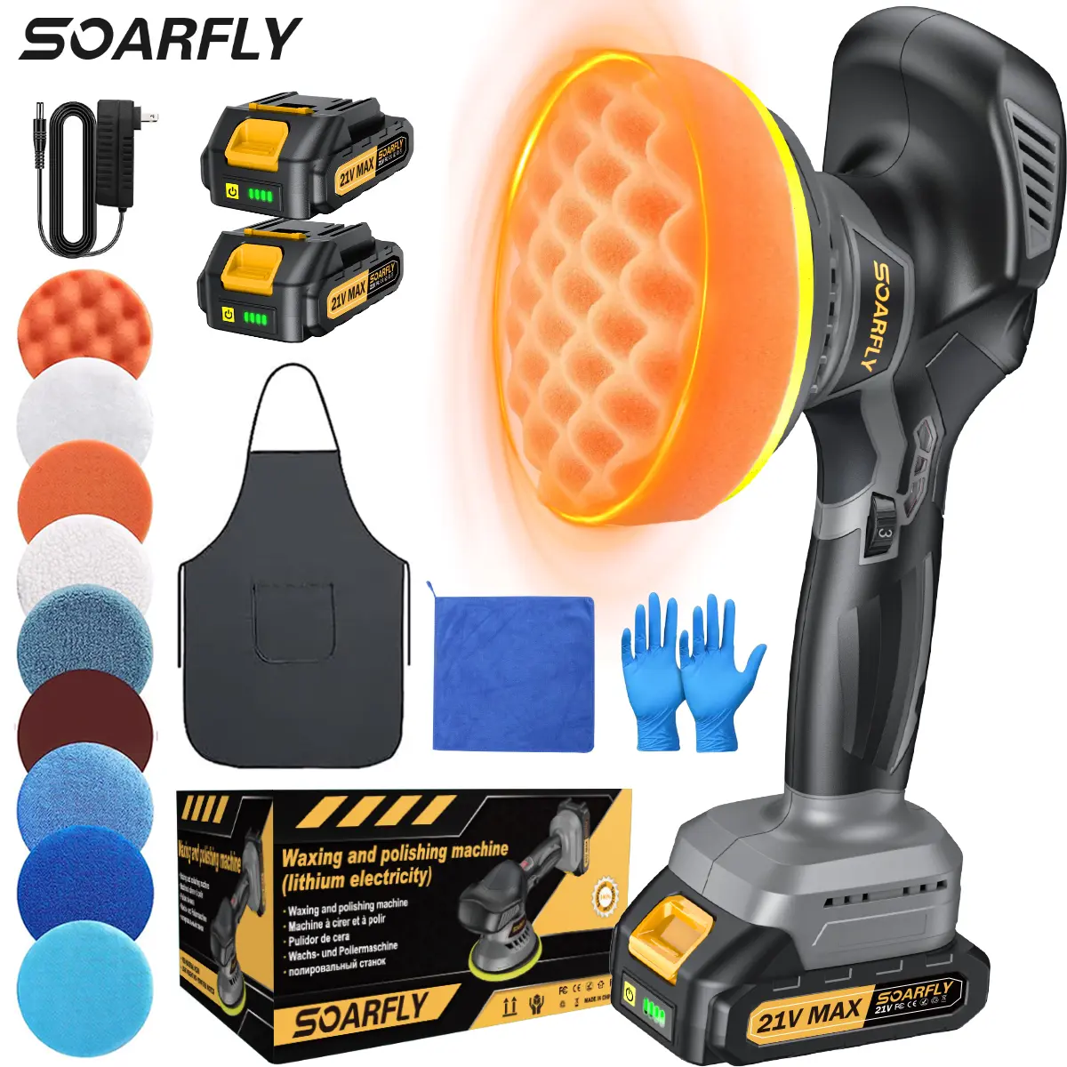 SOARFLY Car Buffer Polisher, 2 x 21V Batteries, 6 Variable Speed & Extra 14 Pcs, For Car Waxing, Buffer, Polishing
