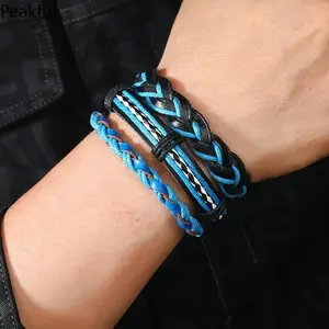 5Pcs/Set Handmade Vintage Colorful Black Blue Leather Men Bracelets Bangle Jewelry For Women Mix Styles Adjustable Gifts