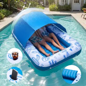 VEVOR Inflatable Pool Float with UPF 50+ Canopy, 82" x 55" Large Tanning Pool Floating Lounger for Adults, 550LBS Capacity Sunbathing Lounger Floaties with Pillow, Phone & Cup Holder for Water Fun