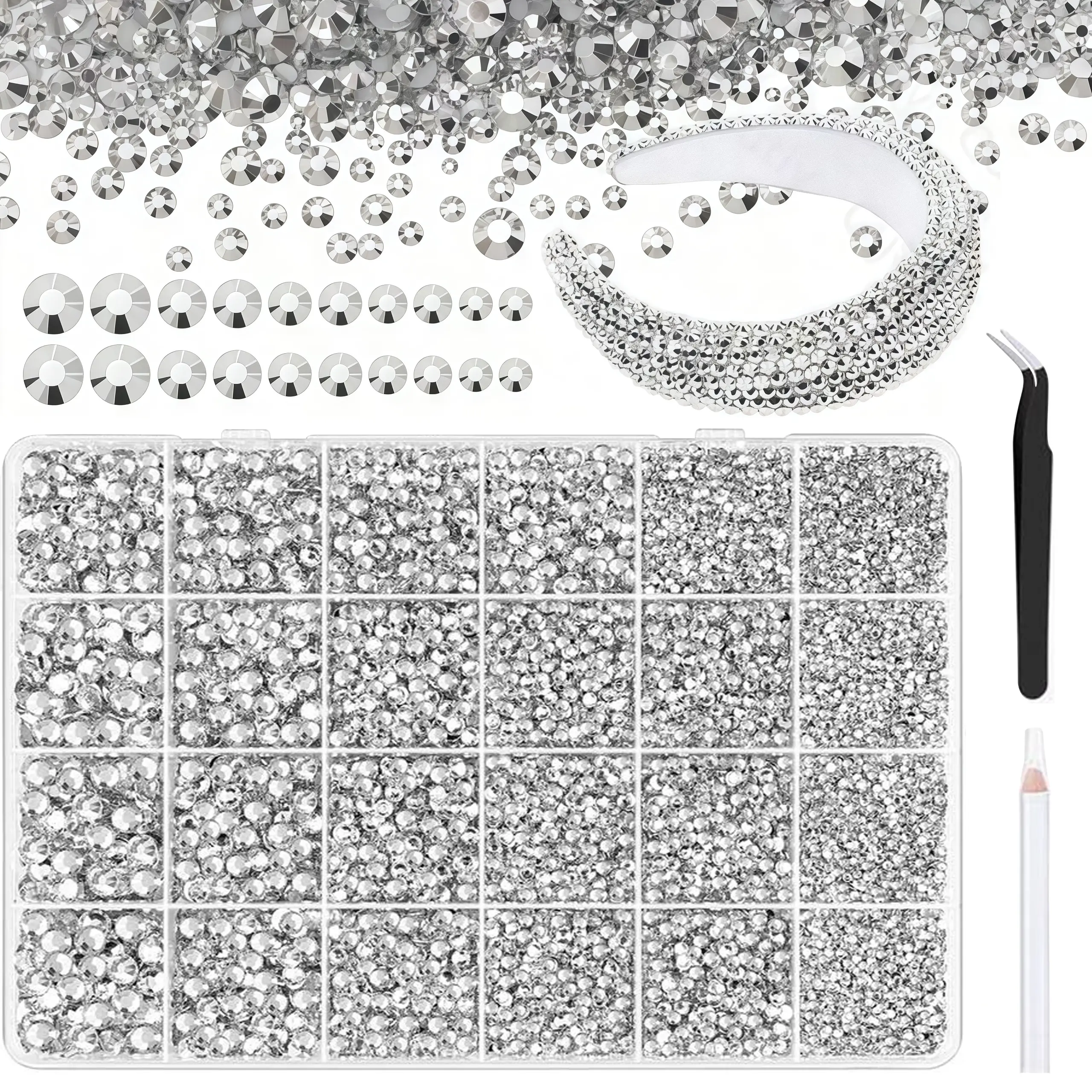 30000Pcs Silver Flatback Resin Jelly Rhinestones Kit with Tweezers and other tools for Crafts Shoes Nails Tumblers 2-6mm Shimmering Sparkle Complete Set
