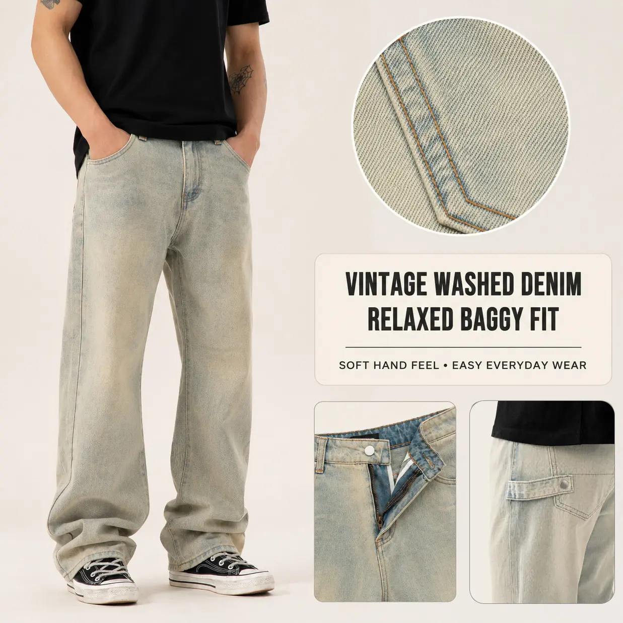Men's Light Wash straight leg Jeans  Loose Fit Wide Leg Denim Pants elastic waist, commuter casual trousers Y2K Skater Streetwear  Menswear #136C Beige Plain
