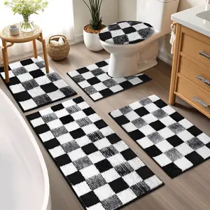 LOKHOM Checkered Bathroom Rug Sets 5 Piece Non-Slip Ultra Absorbent Microfiber Bath Mats Machine Washable Plush Shag Ultra Soft for Bathroom Shower