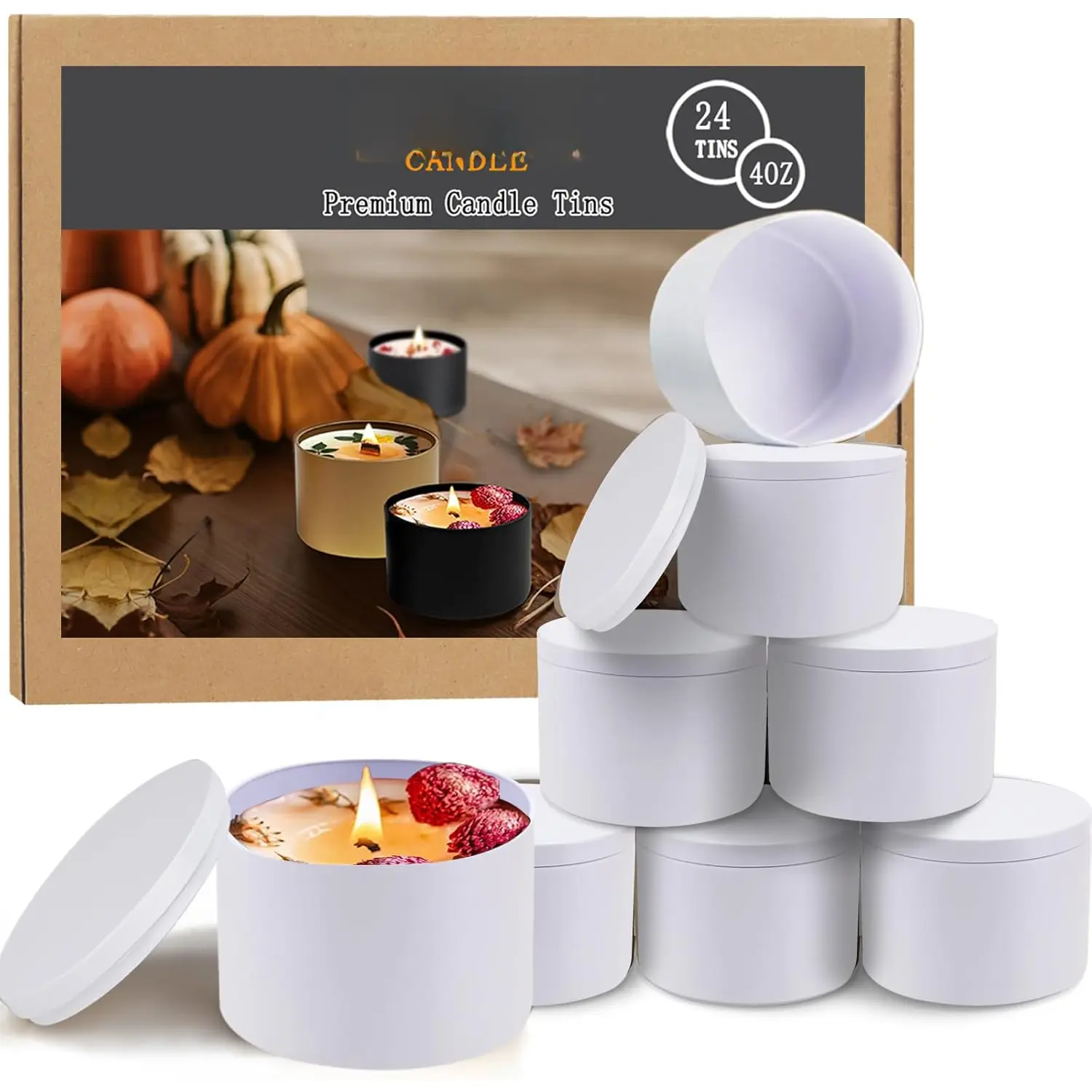 4 oz White Candle Tins 24 count, Black Empty Candle Tin with Lids for DIY Candles Making, Matte Full White Candle Jars for Candle Making