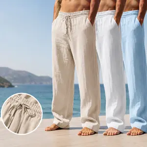 Men's 2-Piece Linen-Cotton Bottoms Set - Lightweight Summer Elastic Waist Drawstring Loose Shorts & Slim Fit Stretch Chino Pants, Comfy Washable Travel Linen Men's Pants for Casual Beach Use, Travel Men's Pants