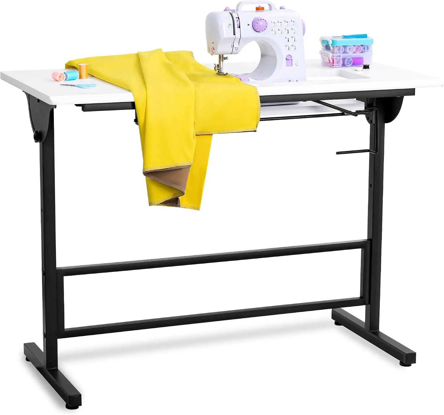Vividwood Folding Sewing Table, Multipurpose Sewing Machine Table with Adjustable Shelf, Measuring Scale Marks (Warm White)