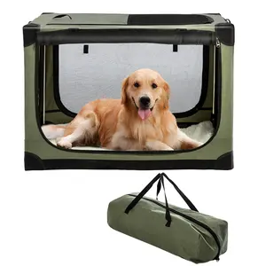 Collapsible Travel Dog Crate for Medium Large Dogs, Portable Oxford Cloth Dog Crate 4-Door Foldable Soft Kennel with Chew-Proof Mesh Windows for Indoor & Outdoor Travel,with Storage Bag,Green