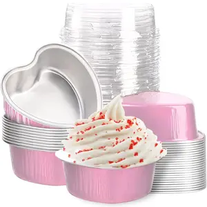 Mini Aluminum Foil Cupcake Cups with Lids (40 Packs, 3.4oz) Heart Shaped Cake Pans - Disposable Mini Cupcake Cup Flan Baking Containers for Valentine Mother's Day Wedding Birthday