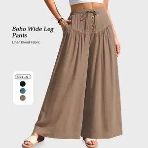 【SS26 Collection】TARSE Women Linen Blend Wide Leg Pants Palazzo High Waisted Boho Loose Casual Lounge Pant Beach Travel Vacation Outfits