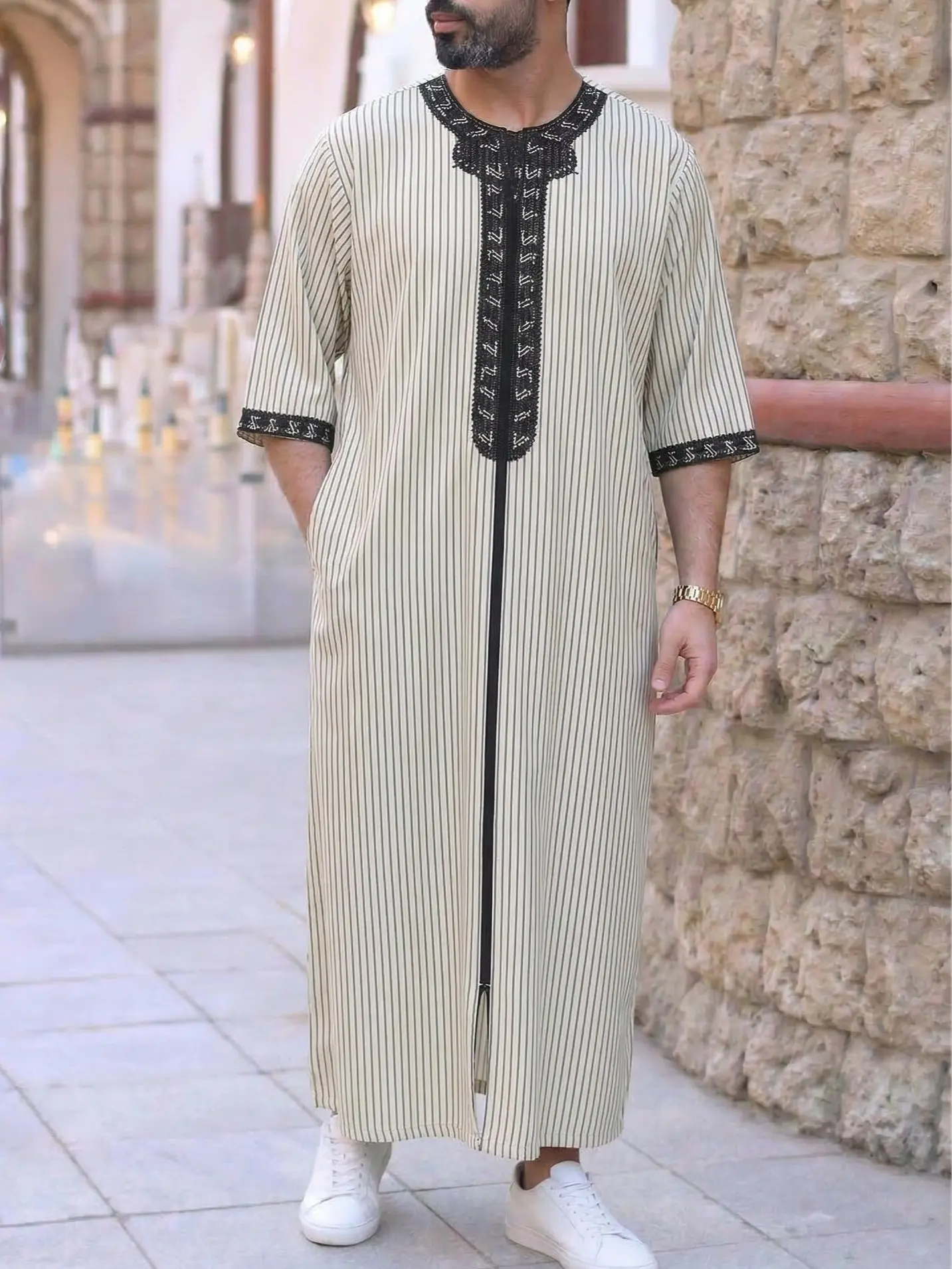 Men's Moroccan Striped Hooded Thobe - Long Loose-Fit Embroidered Jubba with Side Pockets, Short Sleeve, Casual, Spring, Cultural Flair, Exquisite Craftsmanship, Multi-Size, XXL