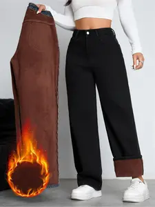 Women's Fleece Lined Thickened Fall Winter Wide Leg Jeans, Elegant Woven Fabric, Fashionable & Versatile, Straight Fit Denim Jeans, Bottom