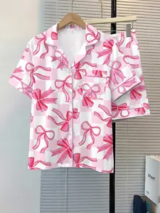 Women's Sleepwear Loungewear Pajama 2-Piece Set, Bow Pattern, Comfortable Night Home Wear, Fashion Soft Fabric, Casual Daily Use