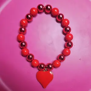 Red Beaded Bracelet with Heart Charm - Fashionable Jewelry for Women