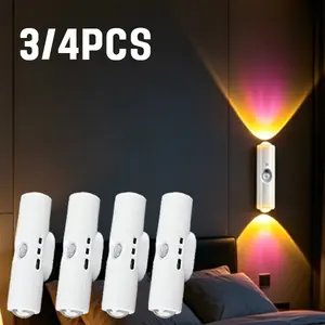 3/4PCS USB-C Rechargeable Motion Sensor LED Night Light, RGB Gradient Ambient Lighting Magnetic Stick-On Wall Lamp, Smart Auto-On USB Convenient Charging Lights Long-lasting Battery Lamp for Bedroom, Stairs, Hallway, Entryway, Kitchen, Home Decor Gift