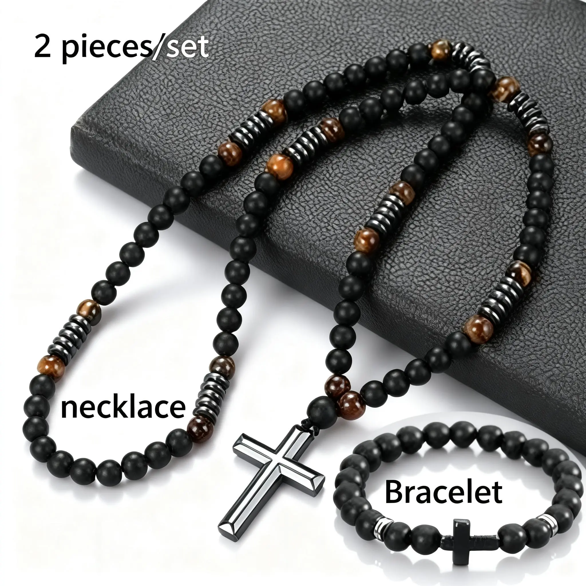 Women's Unisex 2-Piece Faith-Inspired Jewelry Set - Handmade Bohemian Cross Motif Necklace (30 inches, Stainless Steel, Hypoallergenic), Elastic Stretch Design Bracelet with 8mm Matte Black Agate, Tiger Eye Beads for Daily Wear, Cross Necklace, Everyday W