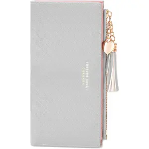 Women's Durable Fashion Wallet - Slim Heart Shape Wallet, Zippered Coin Pouch, Mini Long Card Holder, Tiny Zip Clutch Billfold with Love Pendant Tassels (Grey)