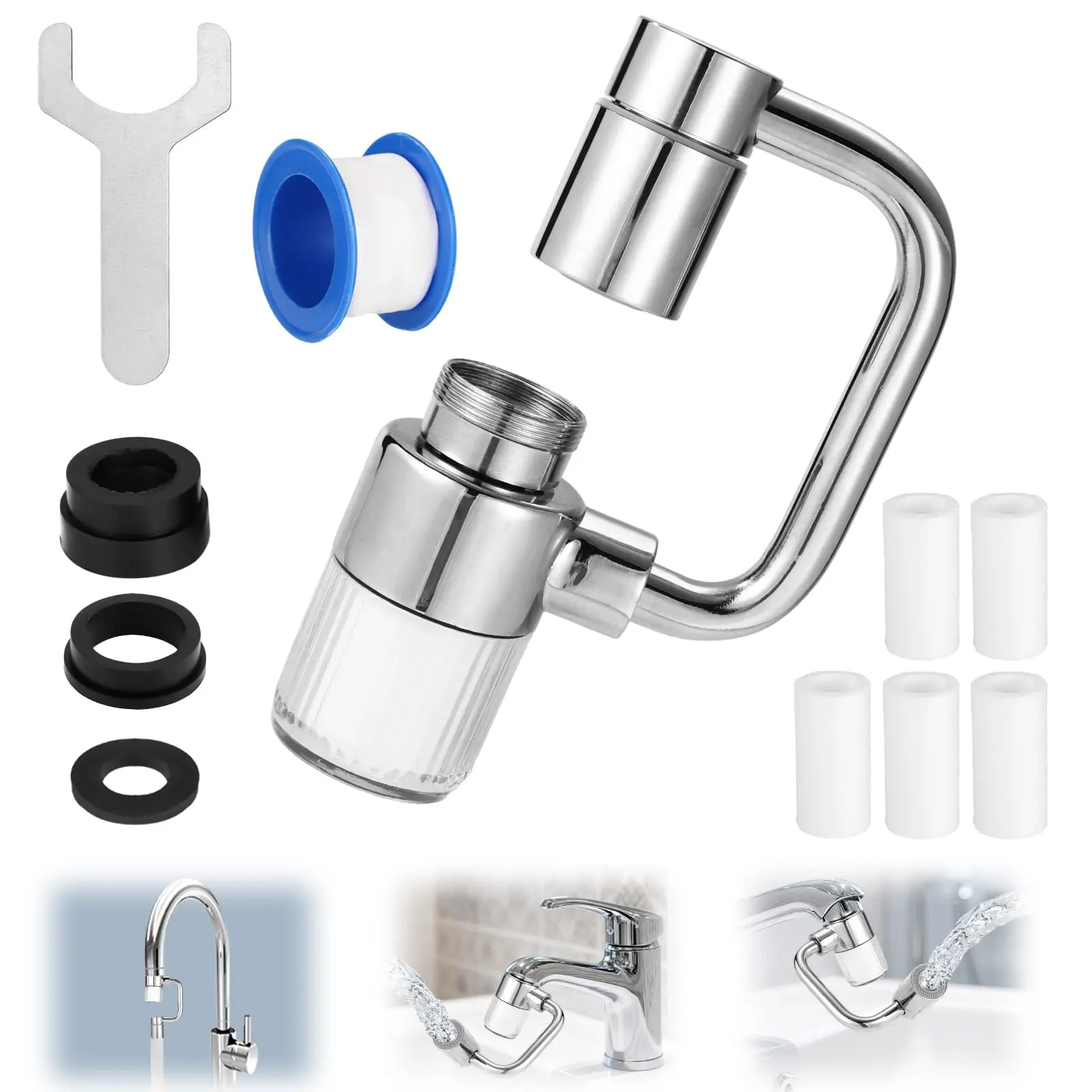 1440° Rotatable U-Shape Faucet Extender with Stainless Steel Filter, Facial Care Sink Aerator, 3 Leak-Proof Gaskets, Dual Spray Mode, Universal Swivel for Kitchen & Bathroom, 1 Installation Wrench, 1 Roll of Waterproof Tape, 5 Replacement Filter Elements,