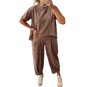 Znacicc Women’s Trendy Brown Leopard High-Low T-Shirt & Ankle Pants Lounge Set Drawstring Waist Soft Breathable Ideal for Summer Days Vacays Effortless Chic Looks Womenswear Clothes
