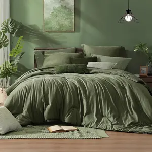 Queen Comforter Set - 7 Pieces Cationic Dyeing Olive Green Bed in a Bag Queen Bedding Sets with Comforter, Sheets, Pillowcases & Shams, Reversible Bedding Comforter Sets