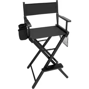 Height Tall Directors Chairs, Folding Artist Makeup with Replacement Cover, Storage Side Bags, Footrest, Support 250 lbs, Solid Hardwood & Polyester Black Canvas