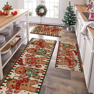 3pcs Thickened 0.47 Inch/1.2cm Christmas Kitchen Mat Set - Christmas Decoration,Gingerbread Man And Candies Pattern Design, Non-Slip Memory Foam Backing, Perfect For Kitchen, Home Office, Laundry Room, Bathroom Decor