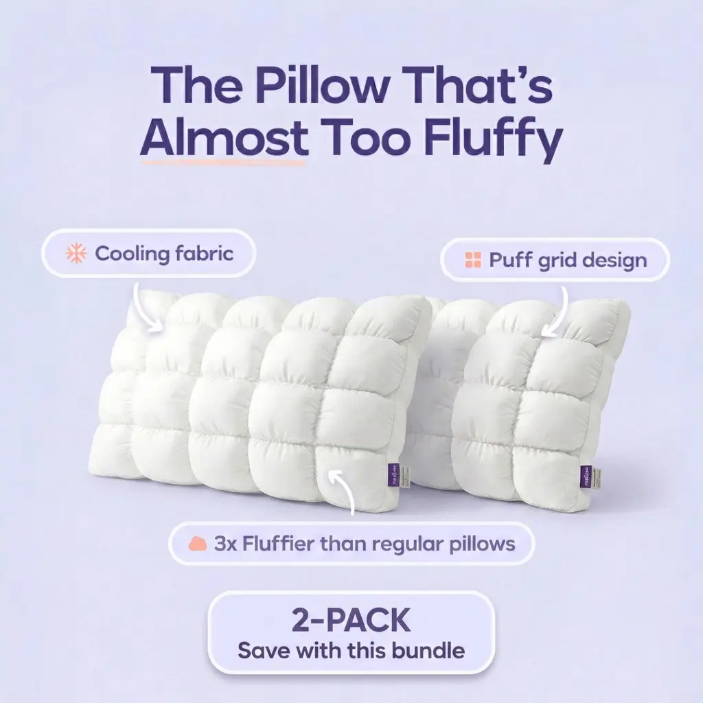 Mellow Sleep | Puff Pillow (2-Pack) – Soft Quilted Puff Grid Design Pillow, Fluffy Plush Bed Pillow with Cloud Like Comfort, Breathable Support Pillow for Side, Back & Stomach Sleepers, Cozy Bed Pillow for Better Sleep