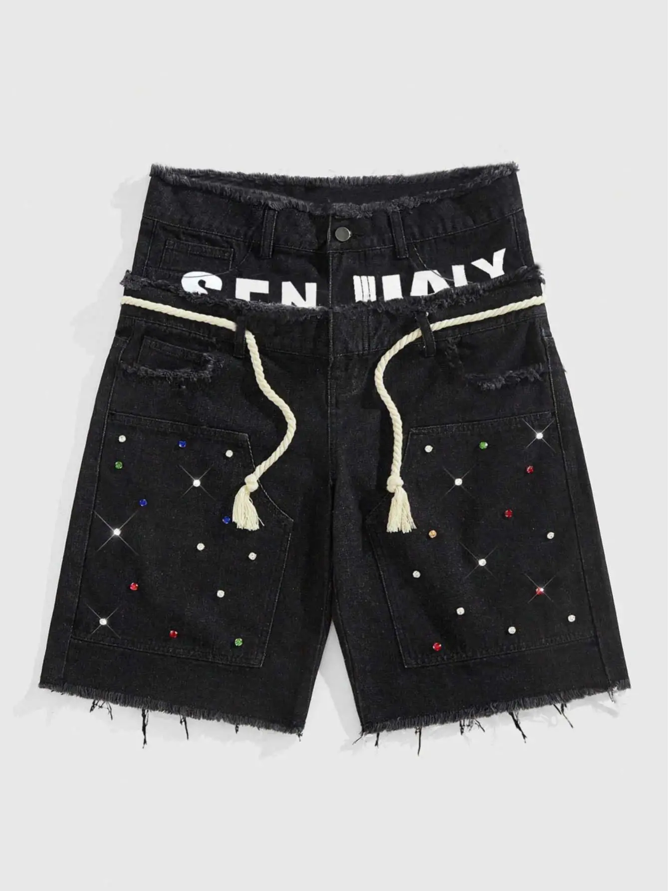 Men's Layered Waist Denim Shorts Y2K Streetwear Baggy Jean Shorts Vintage Black Loose Fit Drawstring Denim Shorts Rhinestone Patch Pocket Frayed Hem Hip Hop Skate Casual Summer Shorts for Daily Wear Festival