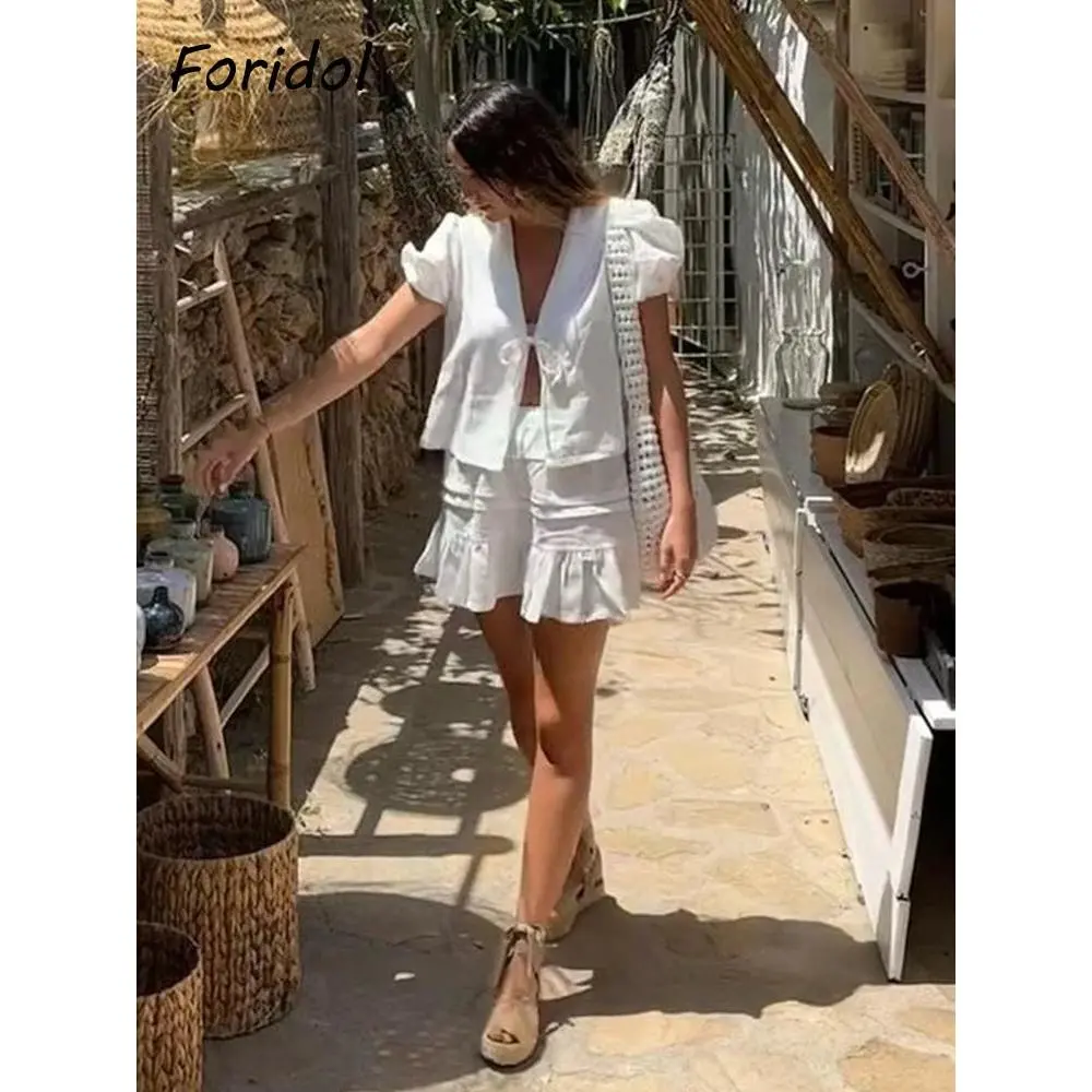 White Cotton Ruffled Top & Skirt Beach Casual Suit