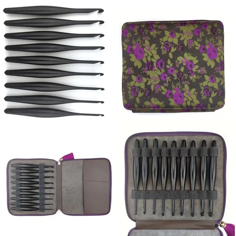 9Pcs Black Anodized Aluminum Crochet Hook Set, Ergonomic Bulb Handle Crochet Needles with Premium Purple Trim Zipper Storage Case, Portable Knitting Crocheting Tools Kit for Beginners & Professional Knitters, Ideal Handcraft Gift