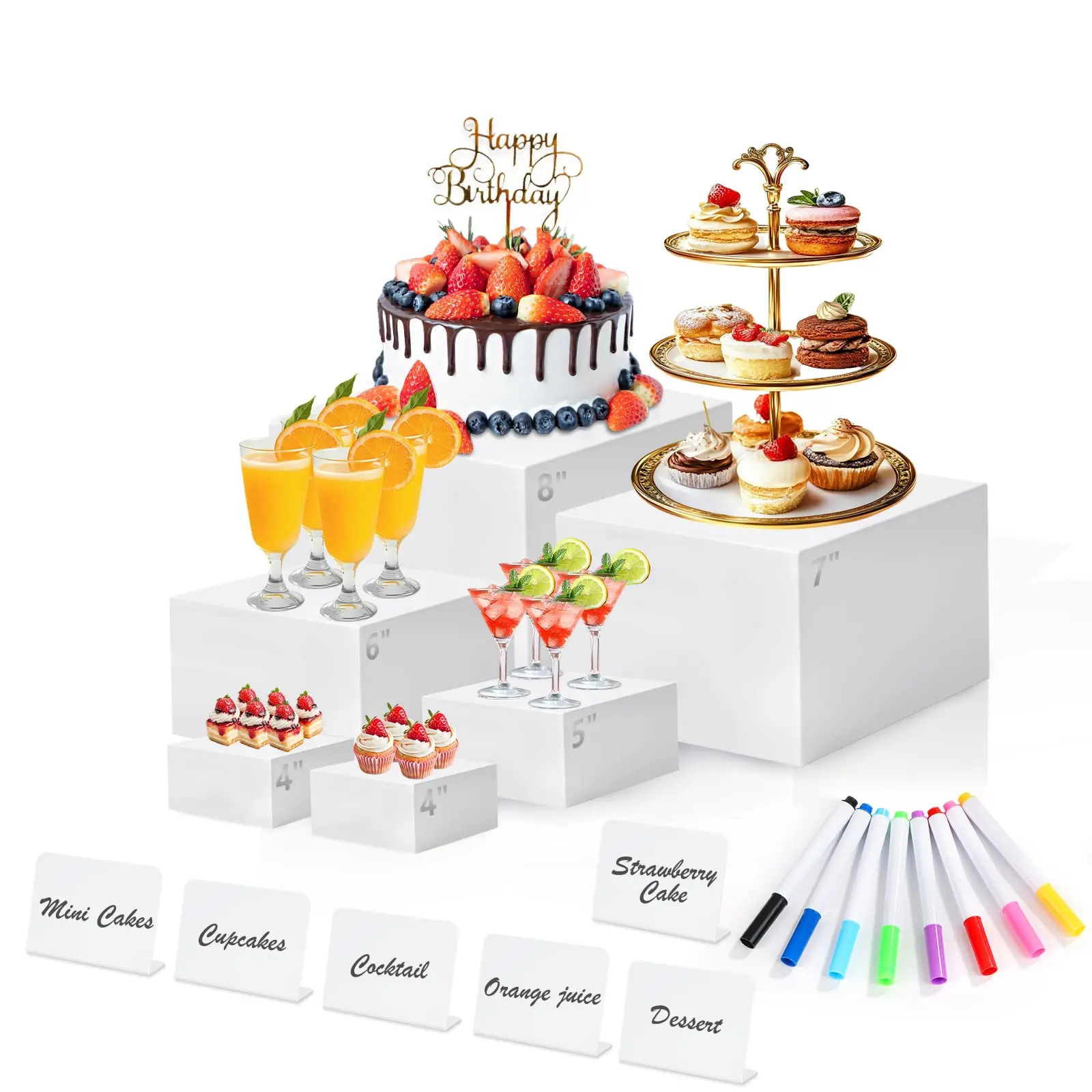 6-Piece Space-Saving Durable Plastic Hollow Bottom Lift Buffet Risers with Mini Sign-Marker - Multifunctional Dessert Stand Set, Square Cake Display Cube Set (4x4in Square Fit, 8/7/6/5/4/4in Nesting Boxes) for Home Supplies, Party Catering Storage Racks