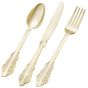 300PCS Gold Plastic Silverware for 25 Guests, Heavy Duty Gold Disposable Utensils Sets, Includes 25 Forks, 25 Spoons, 25 Knives, Elegant Cutlery Perfect for Wedding, Party