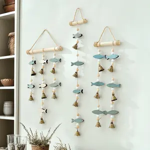 New Product Mediterranean Style Double-Sided Fish String Bell Wind Chime Pendant Wall Decoration Solid Wood Hemp Rope Creative Nordic Wall Hanging Ornament Home Decor Ornaments Wall Hanging Design