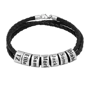 Woven Beaded Bracelet for Men DIY Custom Letter Name Leather Cord Hand Decoration Father's Day Gift