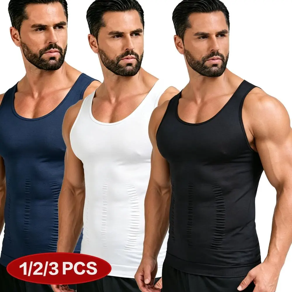 1/2/3 PCS Men's Compression Gym Vest, Nylon Fabric Body Shaper with Zipper, Tummy Control Waist Trainer for Fitness & Everyday Wear, Sports Vest, Compression Gym Vests Workout Clothing Tight Sports Vest