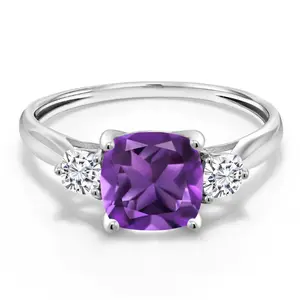 Gem Stone King 10K White Gold Purple Amethyst and White Moissanite 3-Stone Engagement Ring For Women | 1.66 Cttw | Cushion 7MM | Gemstone Birthstone | Available In Size 5, 6, 7, 8, 9