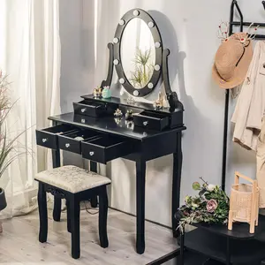 YJ-Garvee Modern Makeup Vanity Table with Illuminated Mirror and Padded Stool, Storage dressing table，Integrated vanity，Featuring 5 Drawers for Bedroom Use, Suitable for Women and Young Users，Black