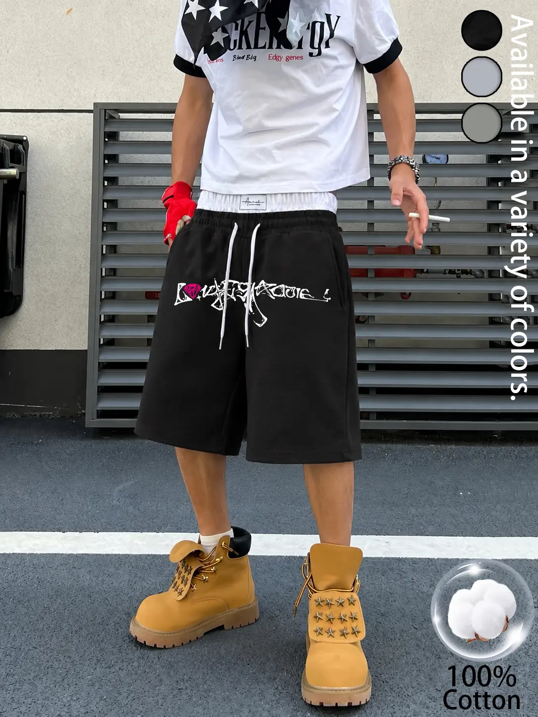 Men's 100% Cotton Low Rise Double Waistband Shorts, Pink Brick AK47 Print Graphic Sweat Shorts, Y2K Streetwear Baggy Knee Length Casual Athletic Shorts with Drawstring, Summer Hip Hop Lounge Shorts for TikTok Shop US, Loose Fit Harajuku Skate Dance Shorts
