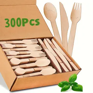 300 Pcs Natural Disposable Wooden Dinnerware Set,Knife Fork Spoon Set,Eco-Friendly Utensils for Parties Holidays Birthdays Weddings Bachelorette Bachelor Parties Graduations Restaurants Hotels Kitchen Supplies Tableware Accessories,Wooden Utensil Set