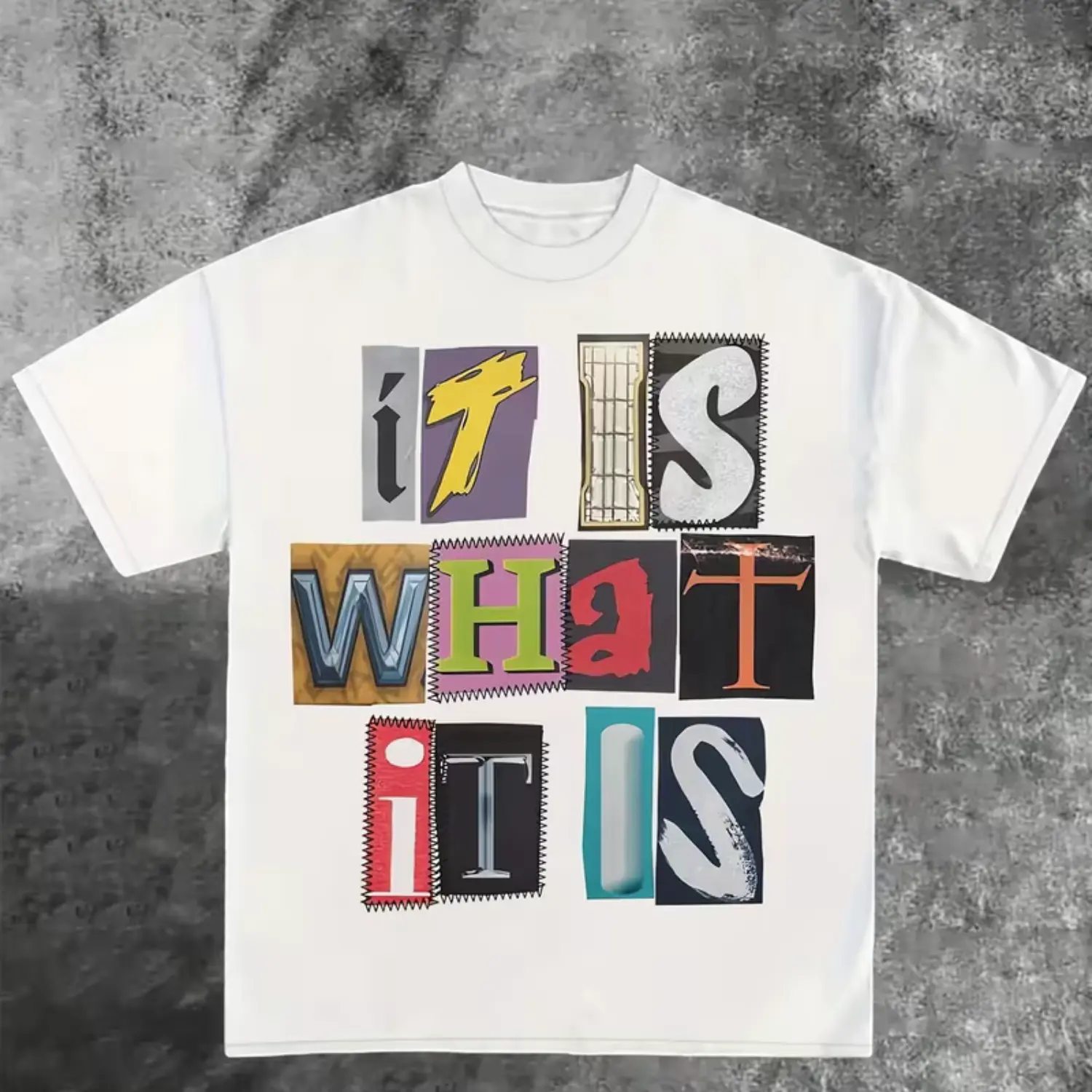 Oversized White Unisex Cotton T-Shirt - "It Is What It Is" Multicolor Block Lettering, Casual Loose Fit Vintage Tee for Men & Women, All-Season Comfort Short Sleeve Shirt