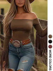 Women's Long Sleeve T-Shirt, One Shoulder Design with Fringe Detail, Perfect for Outdoor Activities & Casual Wear