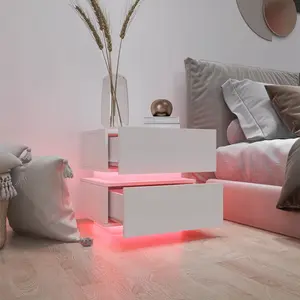 spaco LED Nightstand Sets, Modern White High-Gloss 2-Drawer Smart Bedside Table with LED Lights for Bedroom