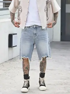 Men's American vintage washed light blue natural waist plain denim shorts, Menswear cotton frayed ripped denim shorts. Y2K streetwear street style, skate & hip-hop casual summer pants, perfect as a gift for your husband or boyfriend.