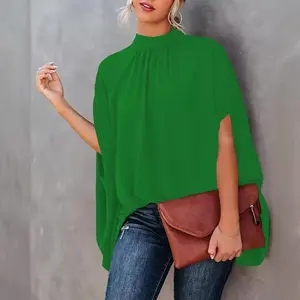 Women's Summer Oversize Blouses Mock Neck Pleated Batwing Sleeve Drape Tunic Dressy Cape Shirt Tops