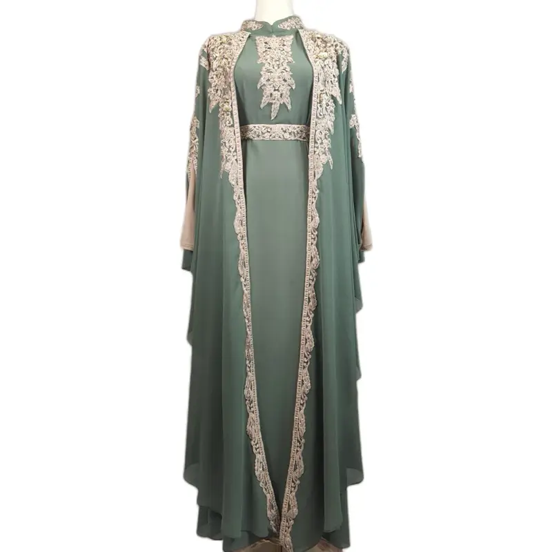 Beaded Embroidered Moroccan Kaftan Sequined 4-Piece Abaya Set with Stretchy Inner Fabric, Long Sleeves, Side Cuts & Matching Belt and Headband