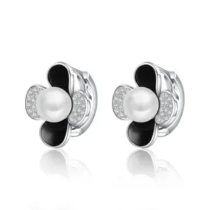 Aprilery Silver-Tone Floral Pearl & Onyx Huggie Earrings, Elegant Jewelry for Daily Wear & Sophisticated Occasions