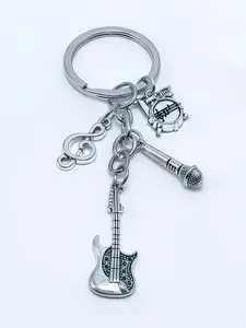 Creative Silver Color Music Drum Guitar Microphone Keychain, Musical Note Keyring for Music Lovers, Unique Key Chain Accessory