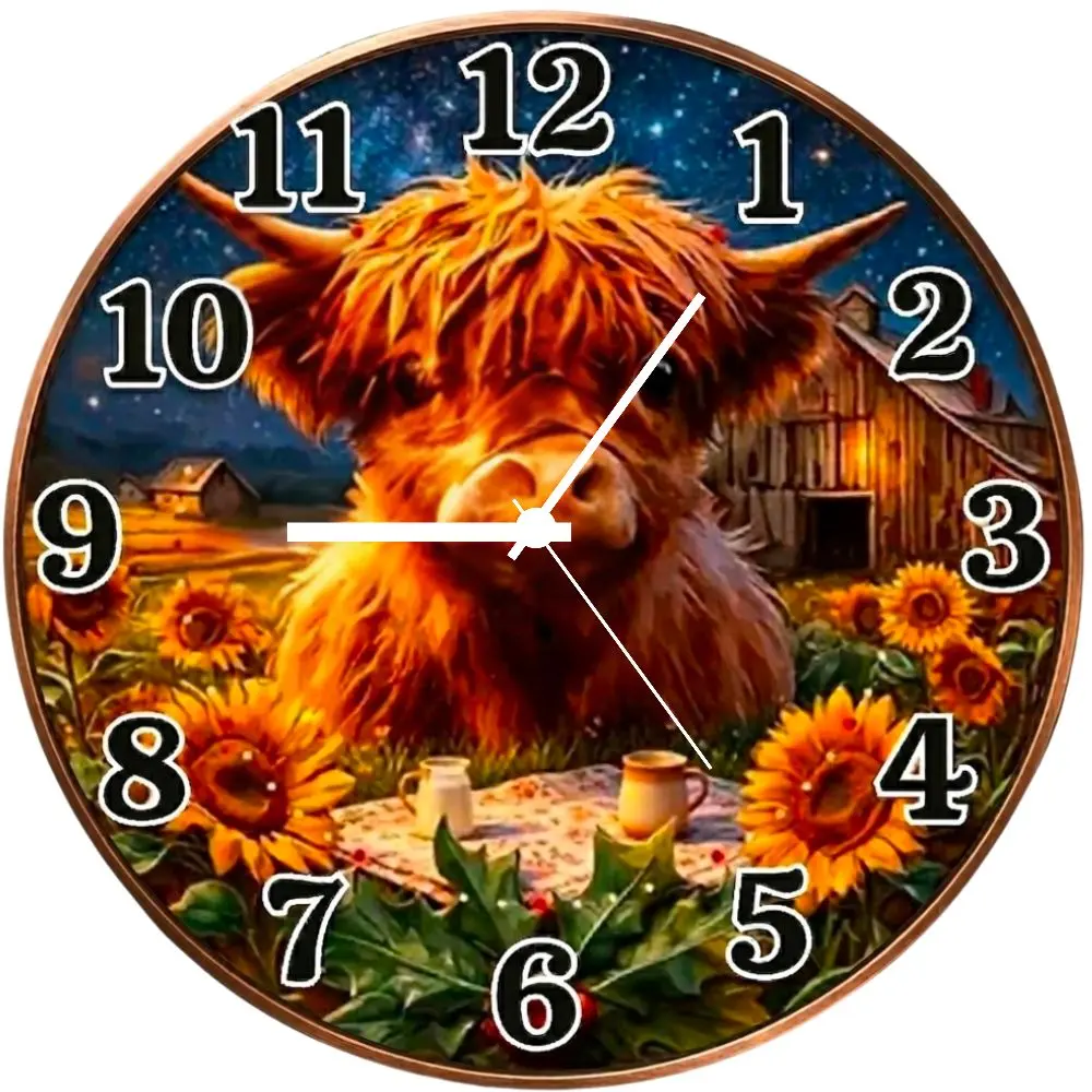 Highland Cow Farmhouse 12in Wall Clock - Rustic Design with Sunflowers and Barn - Perfect for Home Decor