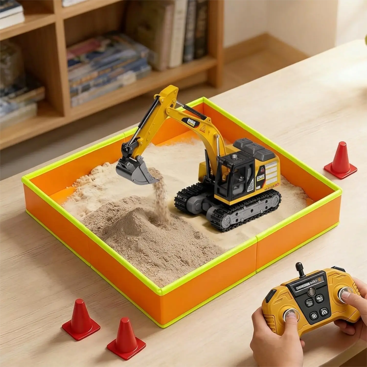 1/64 MINI RC Excavator with Play Sand Box Set,Portable Indoor & Outdoor Construction Truck，Desktop Toy with Lights & Sounds,Gift for Boys Kids 6+ & Adults