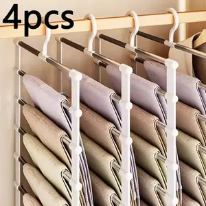 4pack Foldable Multi-Layer Pants Hanger, Stainless Steel Non-Slip Closet Organizer, Space Saving, Adjustable Shelves and Hooks, Durable Plastic Structure